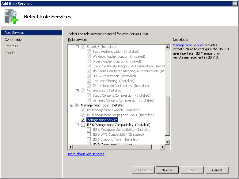 Screenshot of Select Roles Services screen with a focus on the Management Service's checkbox being checked.