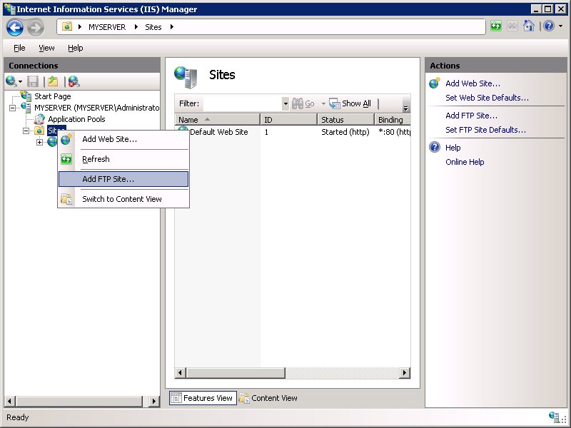 Screenshot of the I I S Manager. Add F T P Site is highlighted in the Sites context menu in the Connections pane.