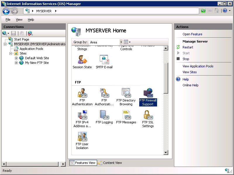 Screenshot that shows the MY SERVER Home pane with F T P Firewall Support highlighted.