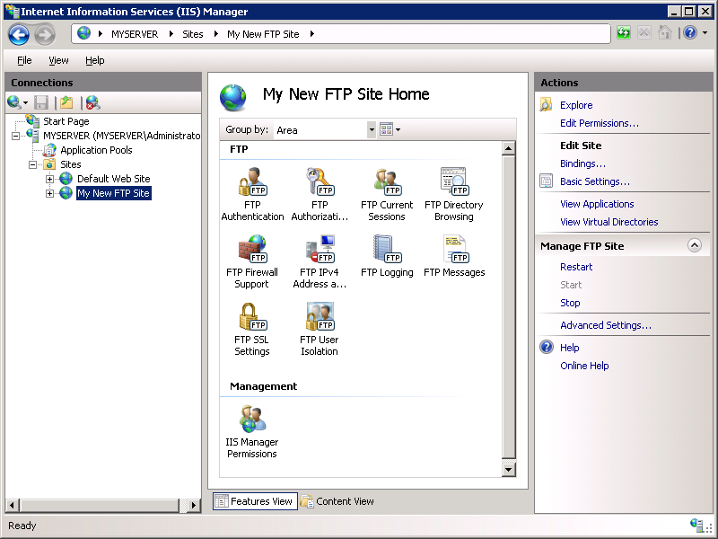 Screenshot of the I I S Manager screen showing the My New F T P Site Home section displaying F T P features.
