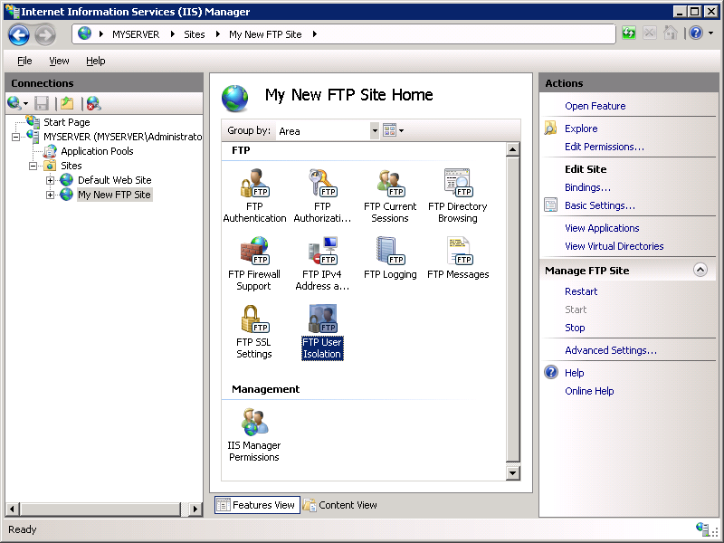 Screenshot of the I I S Manager screen's My New F T P Site Home section with a focus on the F T P User Isolation option.