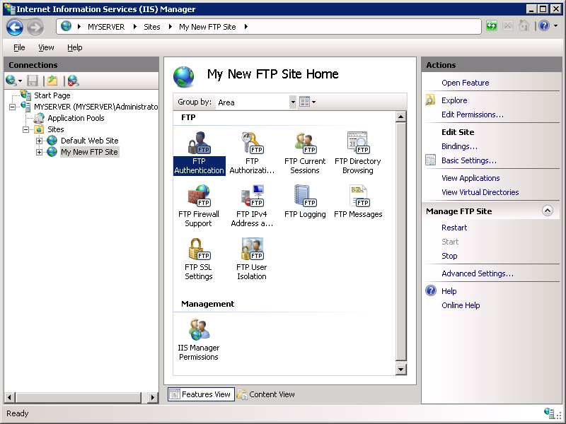 Screenshot of the I I S Manager page. The My New F T P Site Home page is shown.The F T P Authentication icon is highlighted.