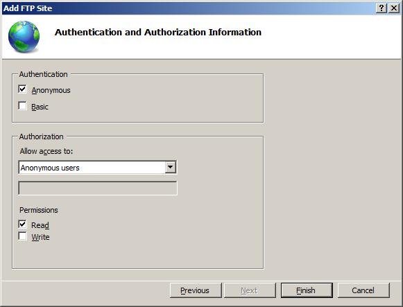 Screenshot of the Add F T P Site Wizard Authentication and Authorization Information page. In the Authentication box, the Anonymous checkbox is checked.