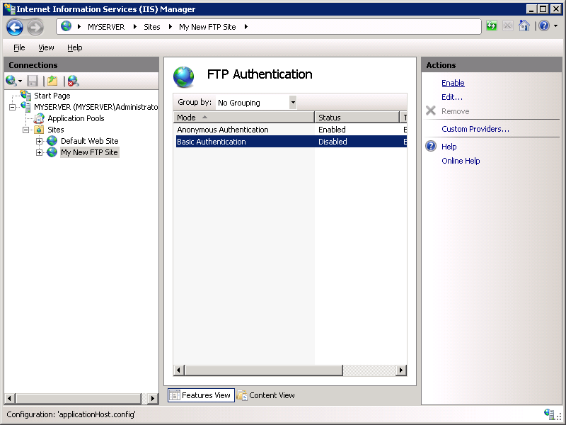 Screenshot of the F T P Authentication page. The Basic Authentication option is highlighted. The Enable button is located in the Actions pane.