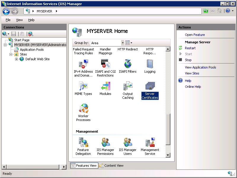 Screenshot that shows the MY SERVER Home pane. Sever Certificates is selected.