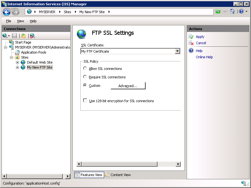 Screenshot that shows the F T P S S L Settings pane. Custom is selected.