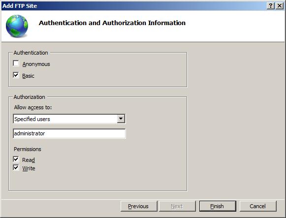 Screenshot that shows the Authentication and Authorization Information page in the Add F T P Site dialog box. Basic, Read, and Write are all selected.
