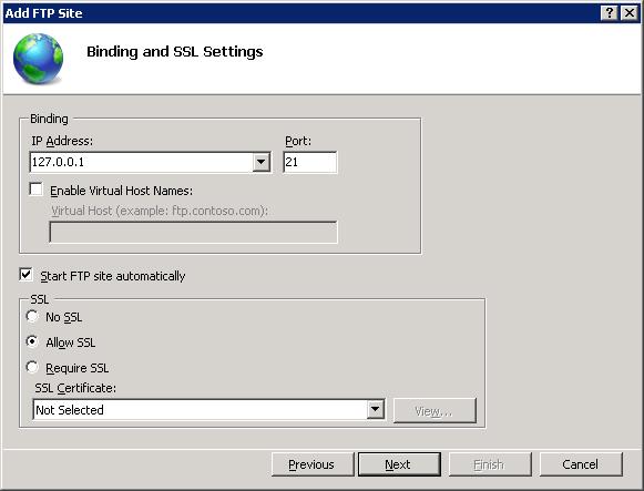 Screenshot of Binding and S S L Settings dialog box displaying I P Address box with S S L Certificate option set to Not Selected.