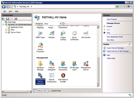 Screenshot of the Features view of I I S Manager. THe Management Service Delegation icon is highlighted.