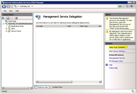 Screenshot of the Actions pane in the Management Service Delegation page. Select Rule Template is highlighted.