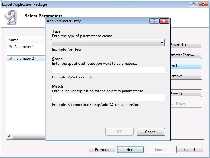 Screenshot of the Add Parameter Entry dialog box with no Type selected.