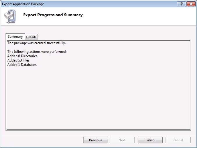Screenshot of the Export Progress and Summary screen's Summary tab.