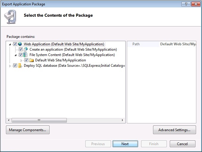 Screenshot of the Export Application Package dialog box with a focus on the Next option.