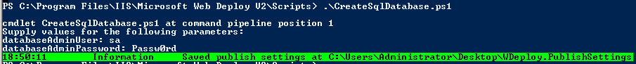 Screenshot of a Powershell console with scripting and output for creating a S Q L database.