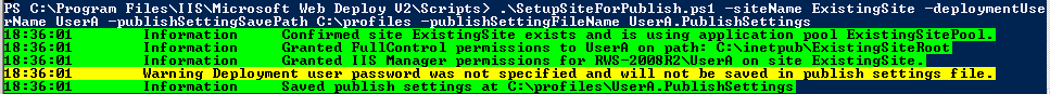 Screenshot of a Powershell console with scripting and output for publish settings.