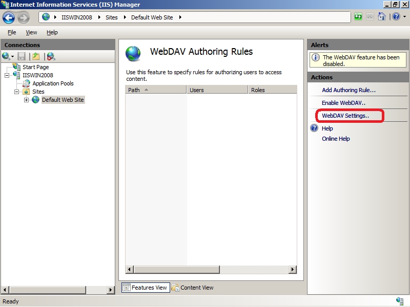 Screenshot of the I I S Manager window displaying the Web D A V Authoring Rules page. Web D A V Settings is circled in the Actions menu.