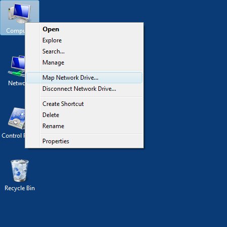 Image of desktop icon for Computer opened with Map Network Drive selected from the drop down list.