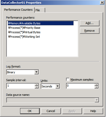 Screenshot of the Data Collector 01 Properties dialog box. The Performance Counters tab is open.