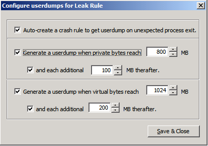 Screenshot of the Configure user dumps for Leak Rule dialog box. All options are checked.