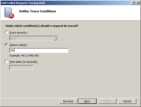 Screenshot of the Add Failed Request Tracing Rule dialog box displaying the Define Trace Conditions page.