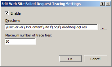 Screenshot of the Edit Web Site Failed Request Tracing Settings.