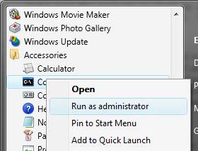Screenshot that shows the context menu for Command Prompt, with Run as administrator selected.