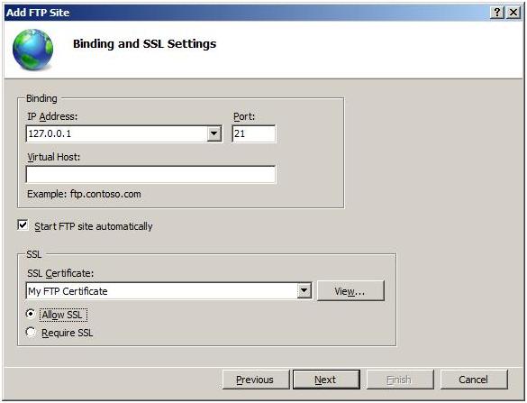 Screenshot of the Add F T P Site dialog with the specified Binding and S S L Settings.