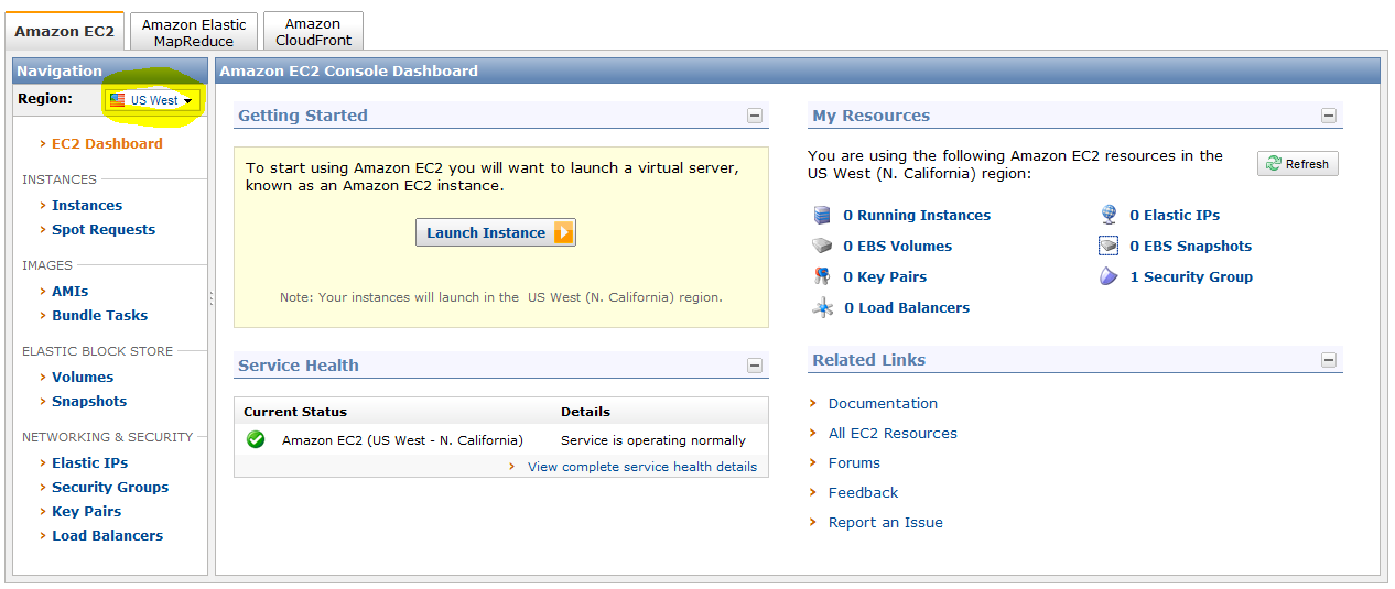 Screenshot that shows Amazon E C 2 Management Console. US West is selected for the Region in the Navigation pane.