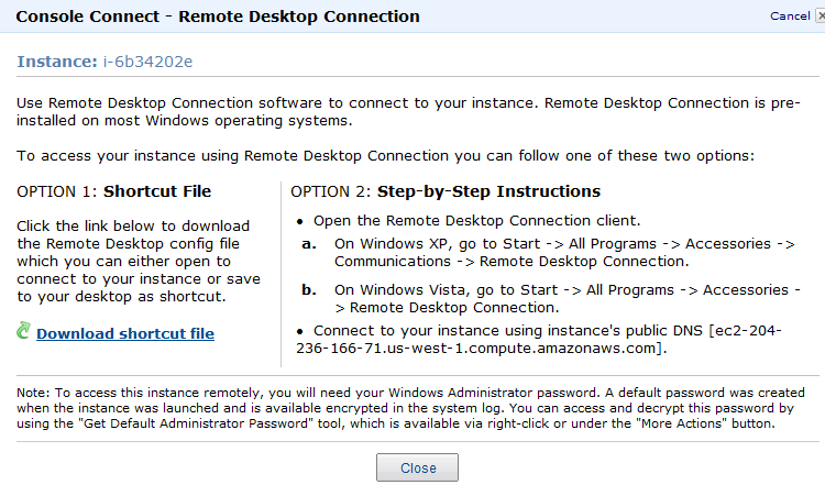 Screenshot that shows the Console Connect Remote Desktop Connection dialog.