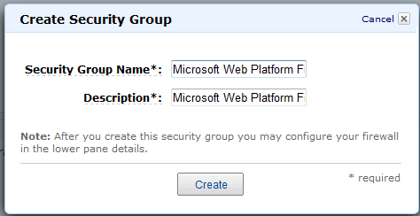 Screenshot that shows the Create Security Group dialog box.