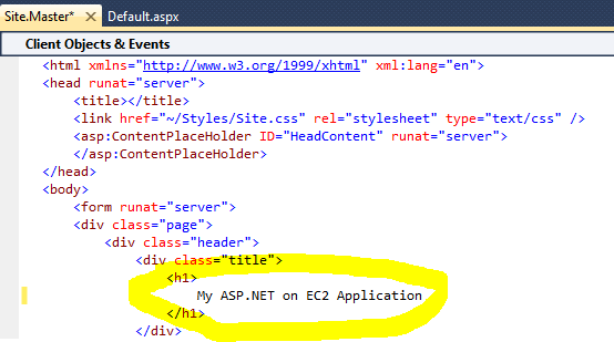 Screenshot that shows the code editor, with My A S P dot NET on E C 2 Application highlighted.