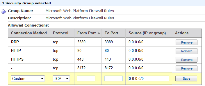 Screenshot of the Security Group selected section showing a table to configure rules for allowed connections.