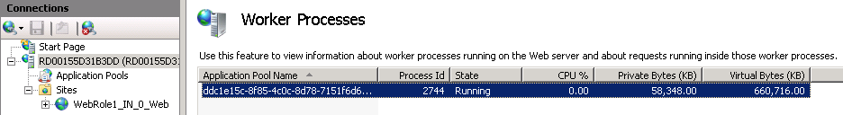 Screenshot of the Worker Processes screen with an entry in the Application Pool Name field being highlighted.