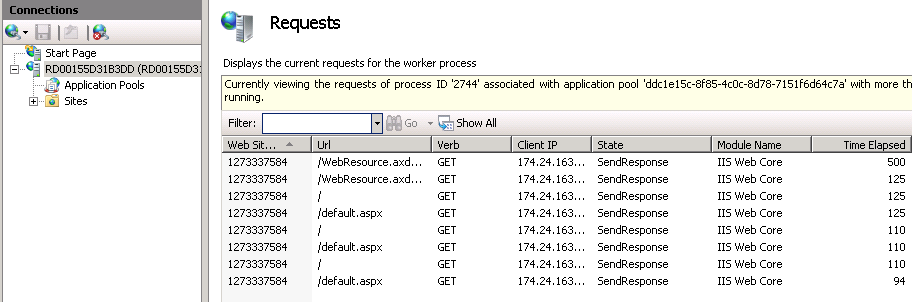 Screenshot of the Requests screen, showing the current requests for the worker process.