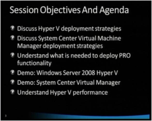 Screenshot of the Deploying Hyper V Session Objectives and Agenda.