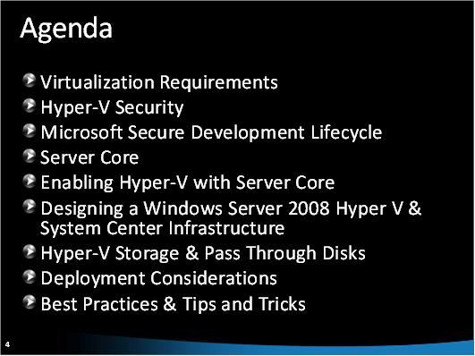 Screenshot of the Agenda outline for Hyper V Security.