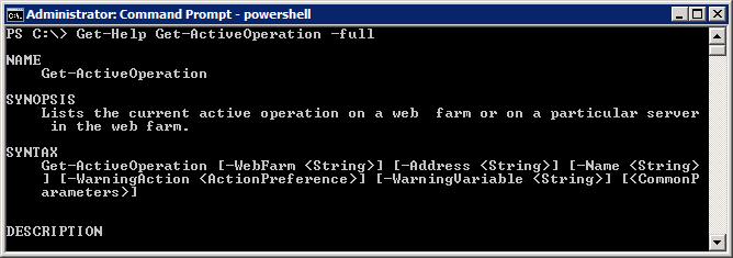 Screenshot shows Windows Power Shell with the following command entered, Get Help Get Active Operation full.