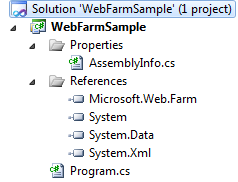 Screenshot of the Microsoft dot Web dot Farm navigation tree. Solution Web Farm Sample 1 project is highlighted.