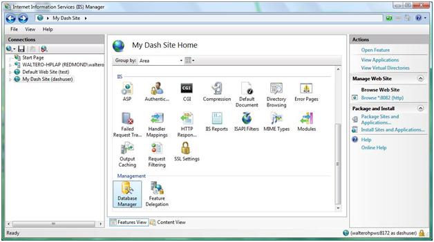 Screenshot of the My Dash Site Home screen with the Database Manager option highlighted.