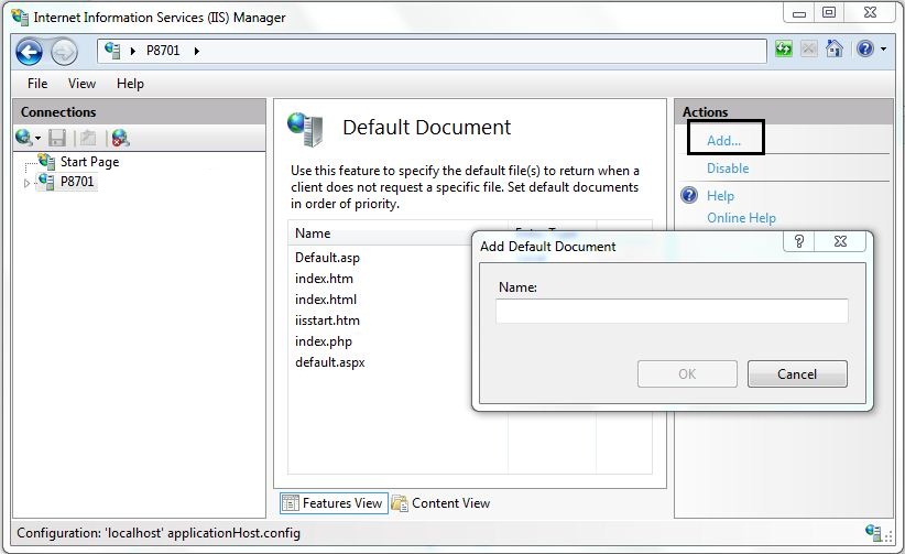 Screenshot of the Default Document page. In the Actions pane, Add is highlighted.