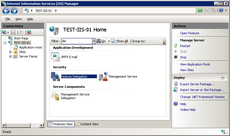 Screenshot of the I I S Manager window displaying the Test I I S 01 Home page. The Feature Delegation icon is highlighted.