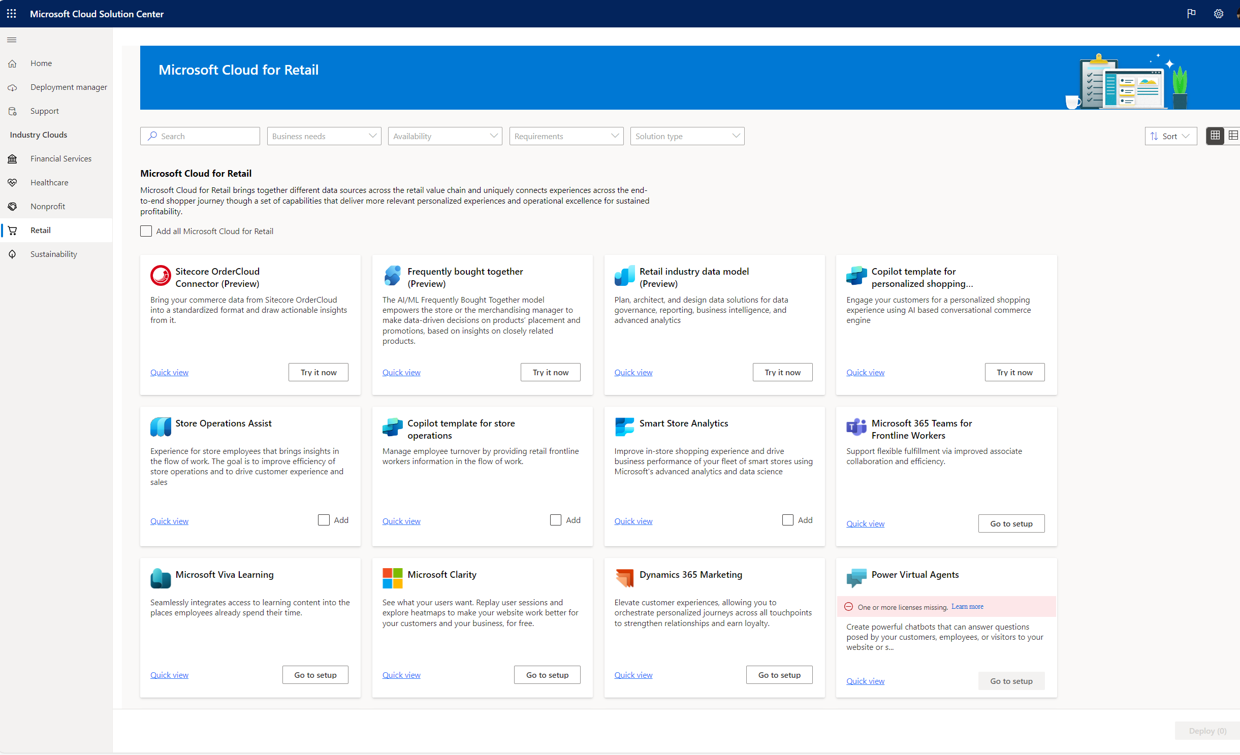 Screenshot of Microsoft Cloud Solution Center, showing capabilities of Microsoft Cloud for Retail.