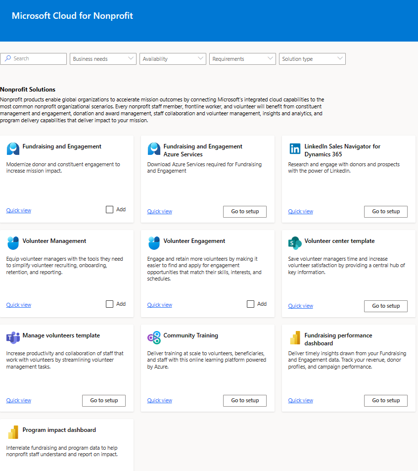 Screenshot of Microsoft Cloud Solution Center, showing solutions that are part of Microsoft Cloud for Nonprofit.
