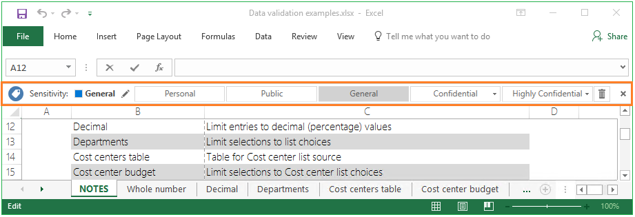 Example of the Azure Information Protection bar in Excel