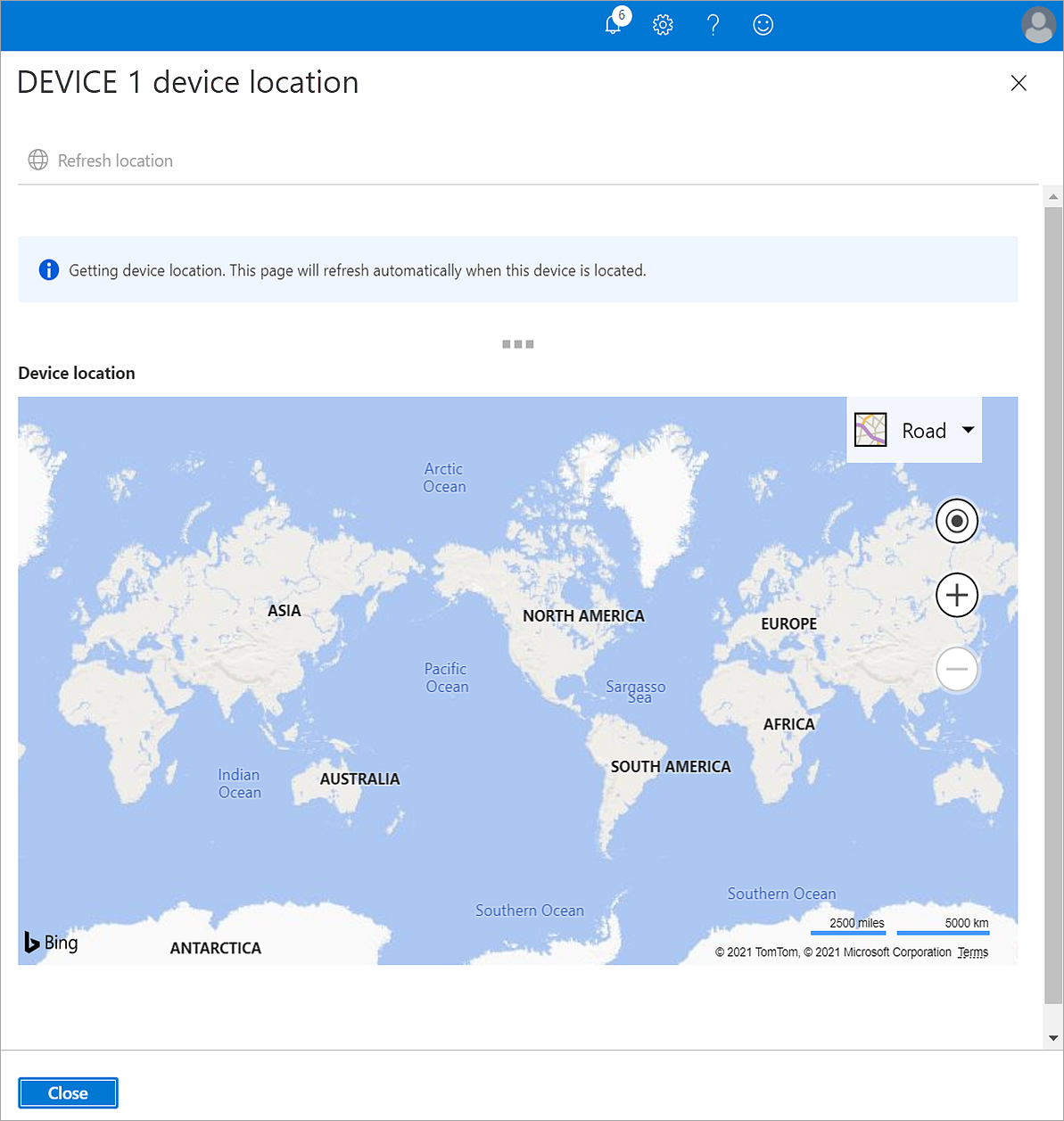 Screenshot of the device loction map that opens in Intune for Education when you use the new Locate action. 