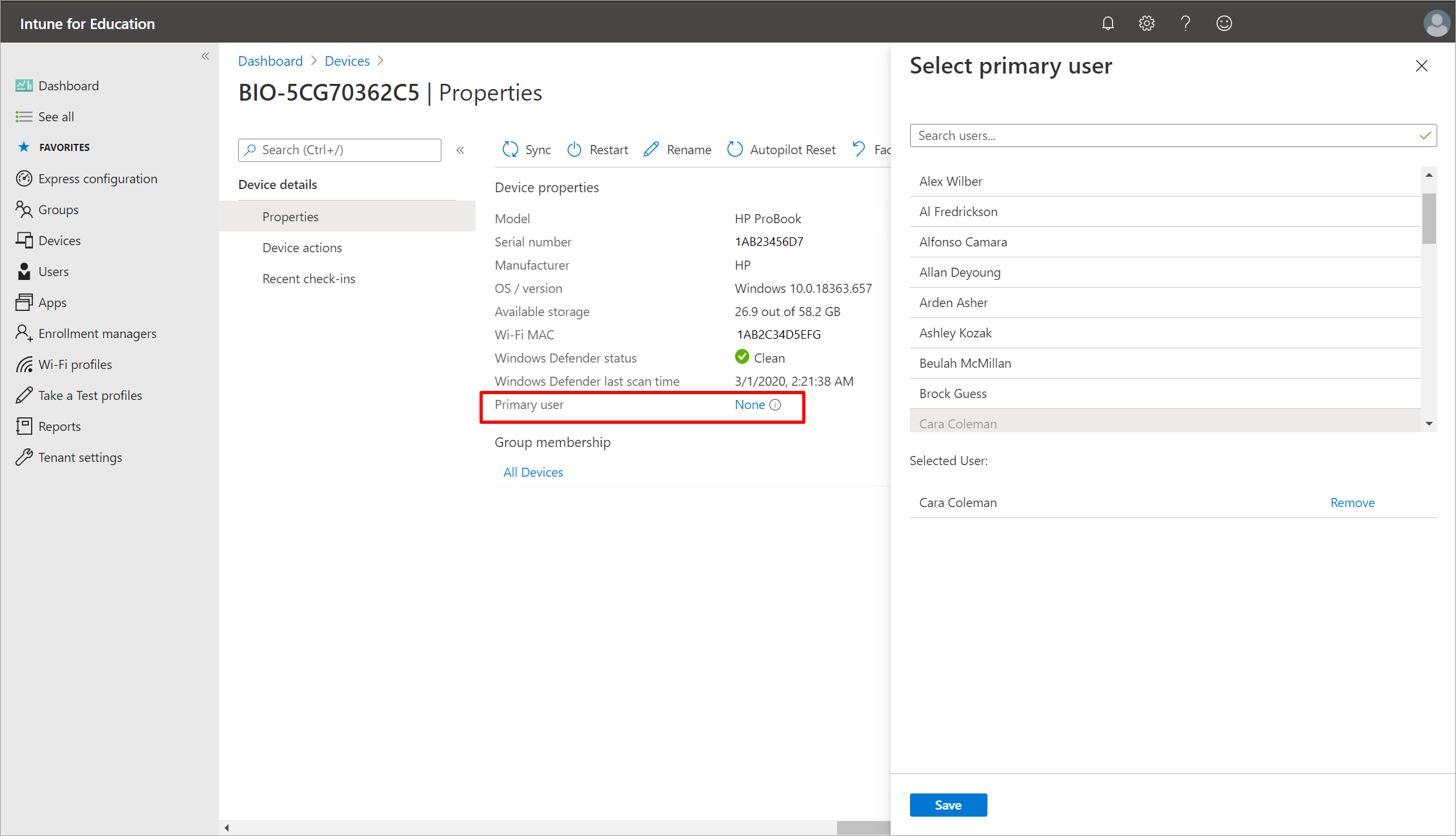 Screenshot of Devices > Device details > Properties section, highlighting "Primary user" setting and showing *Select primary user" pane.