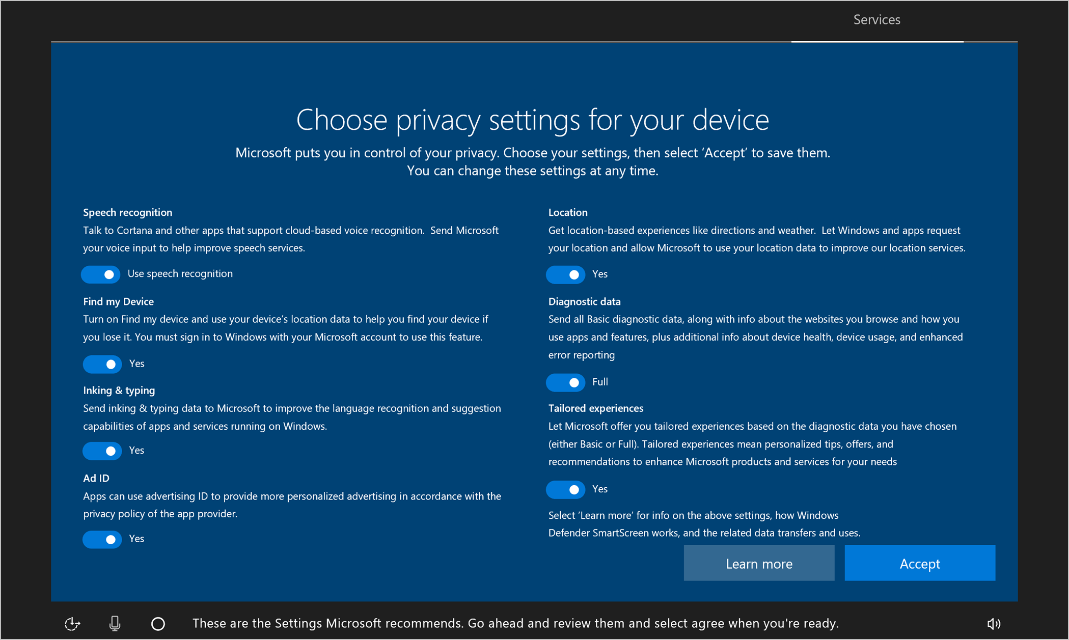 Example screenshot listing the privacy setting options, with some settings turned on by default.