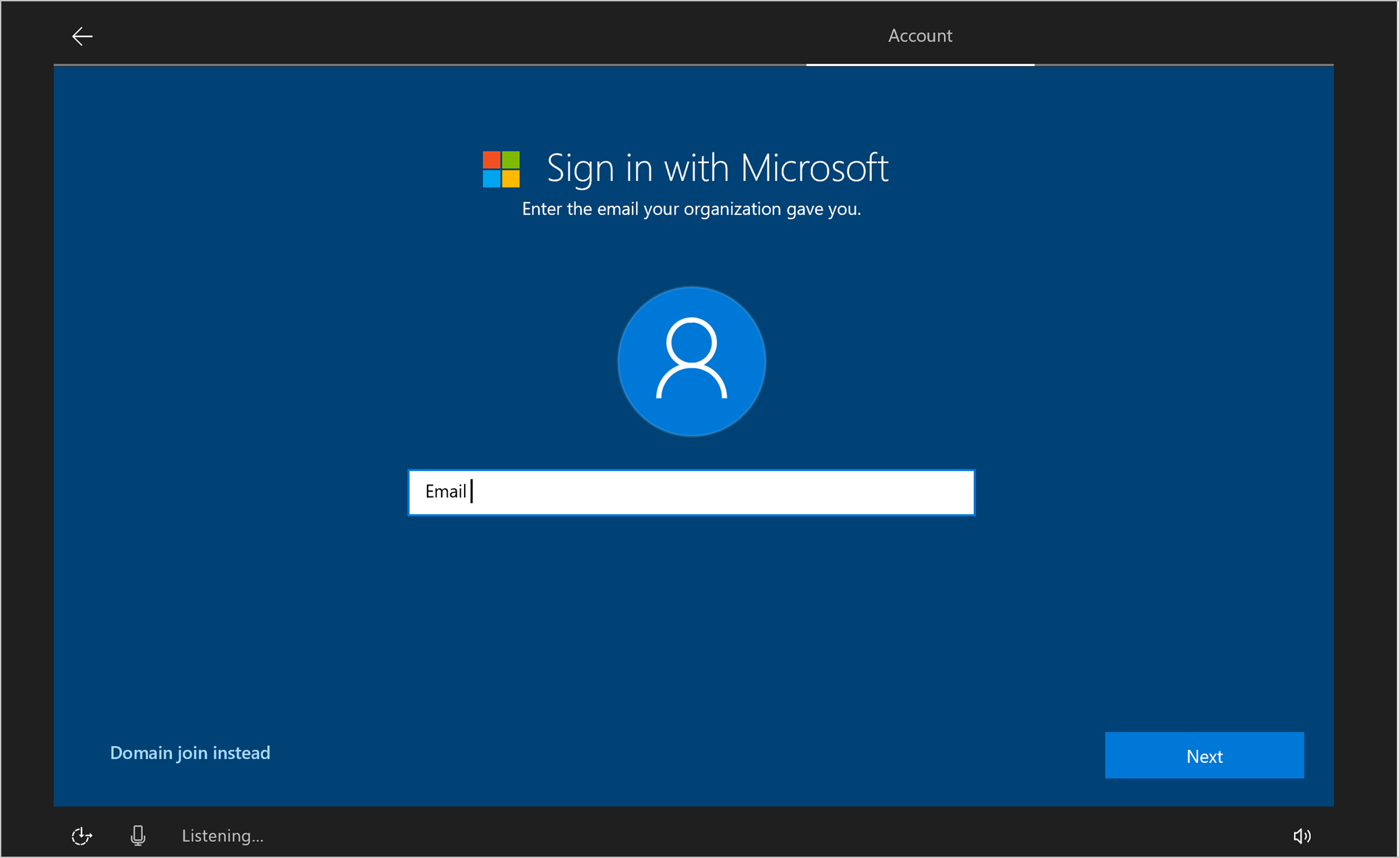Example screenshot of the Sign in with Microsoft screen, with Microsoft logo, and an empty Email field.