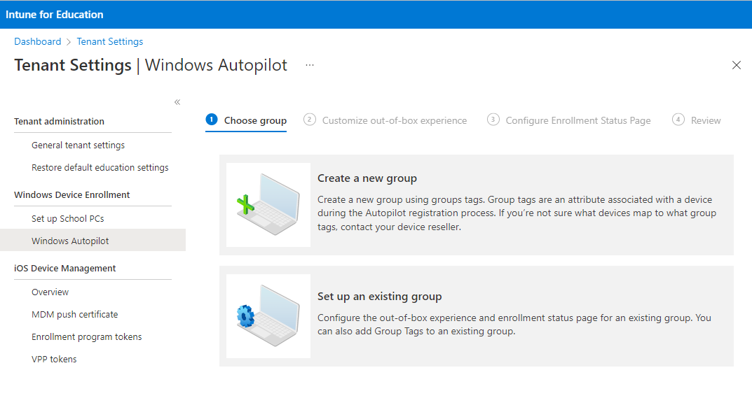 Example image of Windows Autopilot guided experience showing the "Choose Group" page with options to create a new group or set up an existing one.