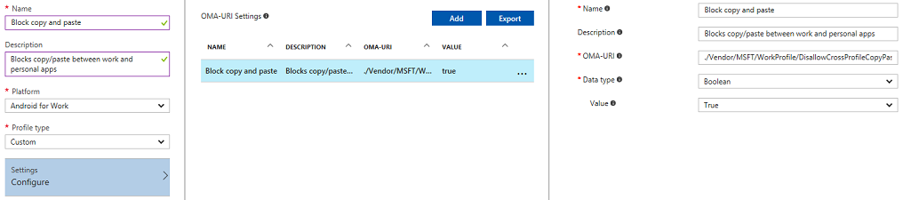 Screenshot that shows you can add more OMA-URI values, and export the values for Android Enterprise personally owned devices with a work profile in Microsoft Intune.